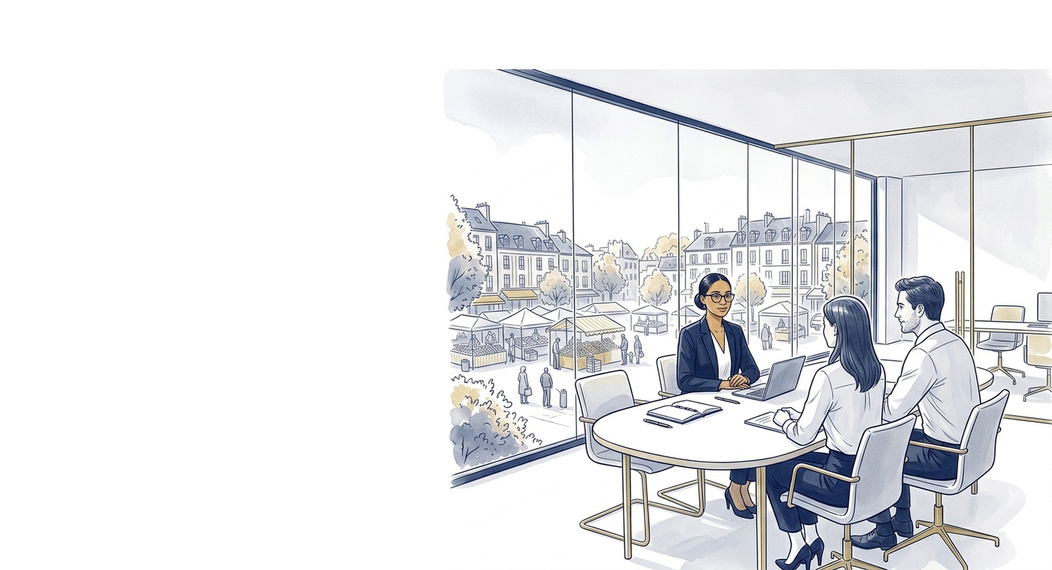 Illustration en croquis bleu et or : Lina A. autour d'une table de conseil et médiation dans un bureau moderne, avec une vue évoquant la place du Marché au Vésinet